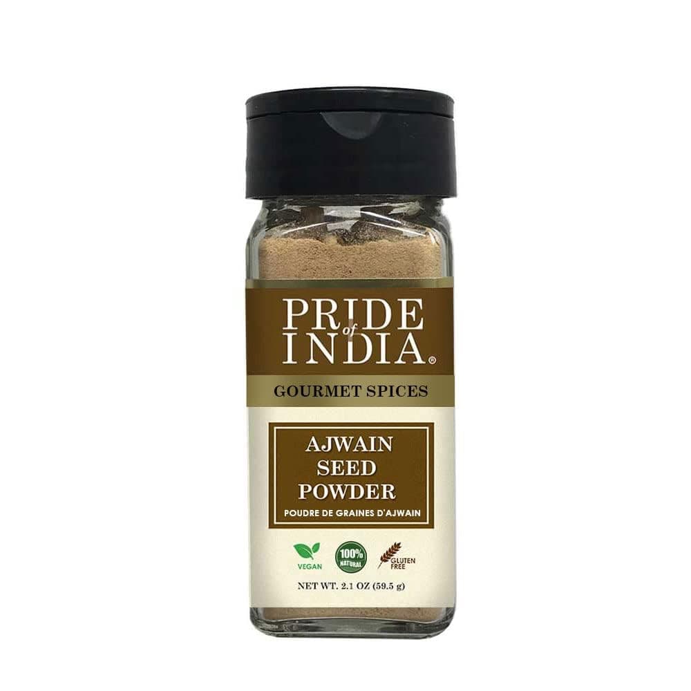 Pride of India Ajwain Seed Powder 2.1 oz | Carom Seeds Powder in Dual Sifter Jar for Cooking, Seasoning & Spice Blends | Aromatic Indian Spice for Curry, Biryani, Lentil Soup, Flatbread & Marinades