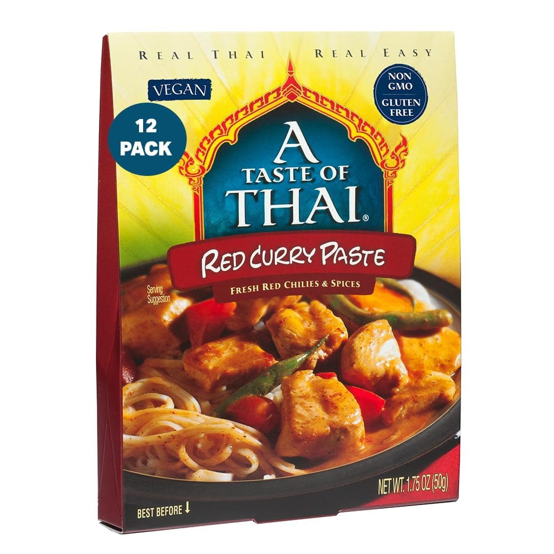 A Taste of Thai Red Curry Paste – Authentic & Natural Ready-to-Use Thai Curry Paste – Vegan, Gluten‑Free & Non‑GMO – Rich, Aromatic Flavor for Curries, Stir‑Fries, Soups & Dips - 1.75 oz (Pack of 12)
