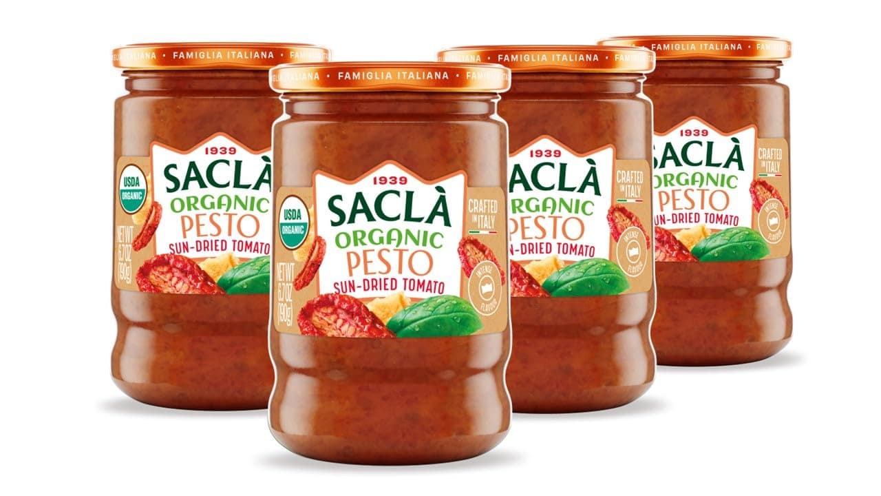 SACLA USDA Organic Sundried Tomato Pesto 4-Pack | Authentic Imported Italian Sun-Dried Tomatoes and Cheese Sauce | FOUR 6.7 oz Glass Jars | Non-GMO | Made in Italy