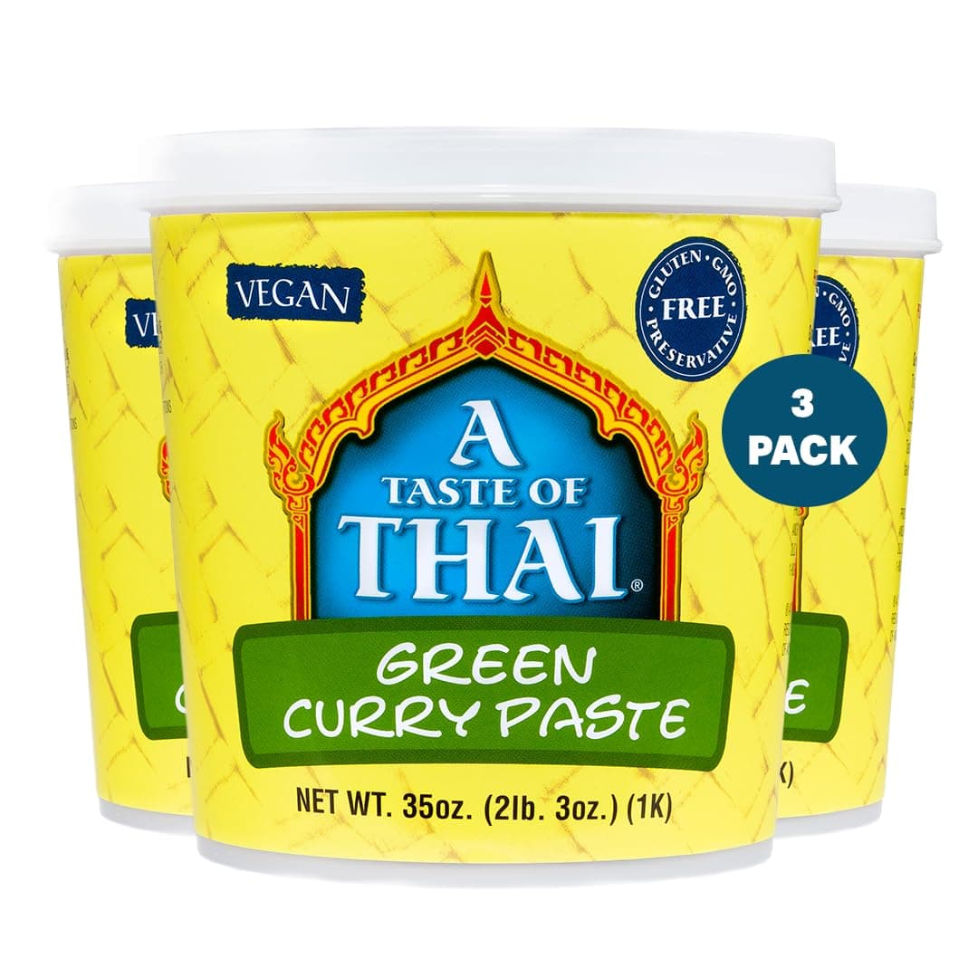 A Taste of Thai Green Curry Paste – Authentic & Natural Ready-to-Use Thai Curry Paste – Vegan, Gluten‑Free & Non‑GMO – Spicy, Fresh Flavor for Curries, Stir‑Fries, Soups & Dips - 35 oz (Pack of 3)
