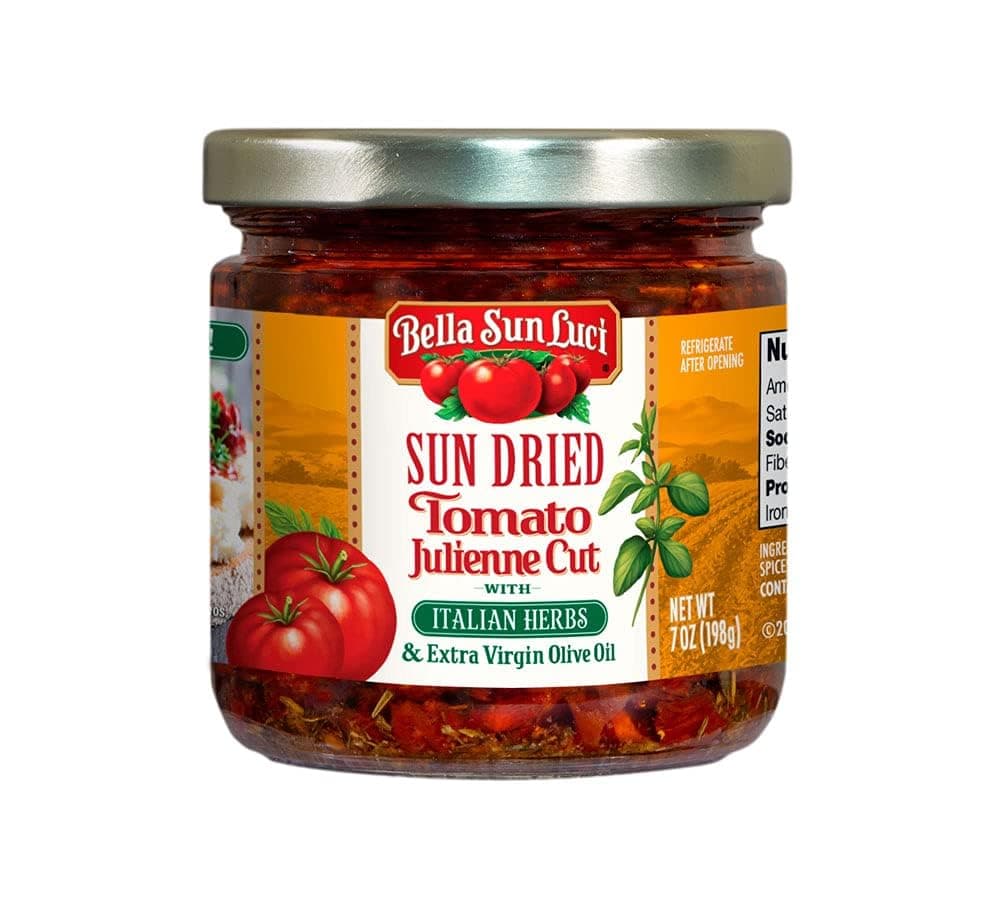 Bella Sun Luci Sun Dried Tomatoes Julienne Cut with Italian Herbs and Extra Virgin Olive Oil, Mediterranean Italian Style Sun-Ripened Tomatoes, Kosher, Vegan, Gluten-Free, Premium Ingredient for Pasta