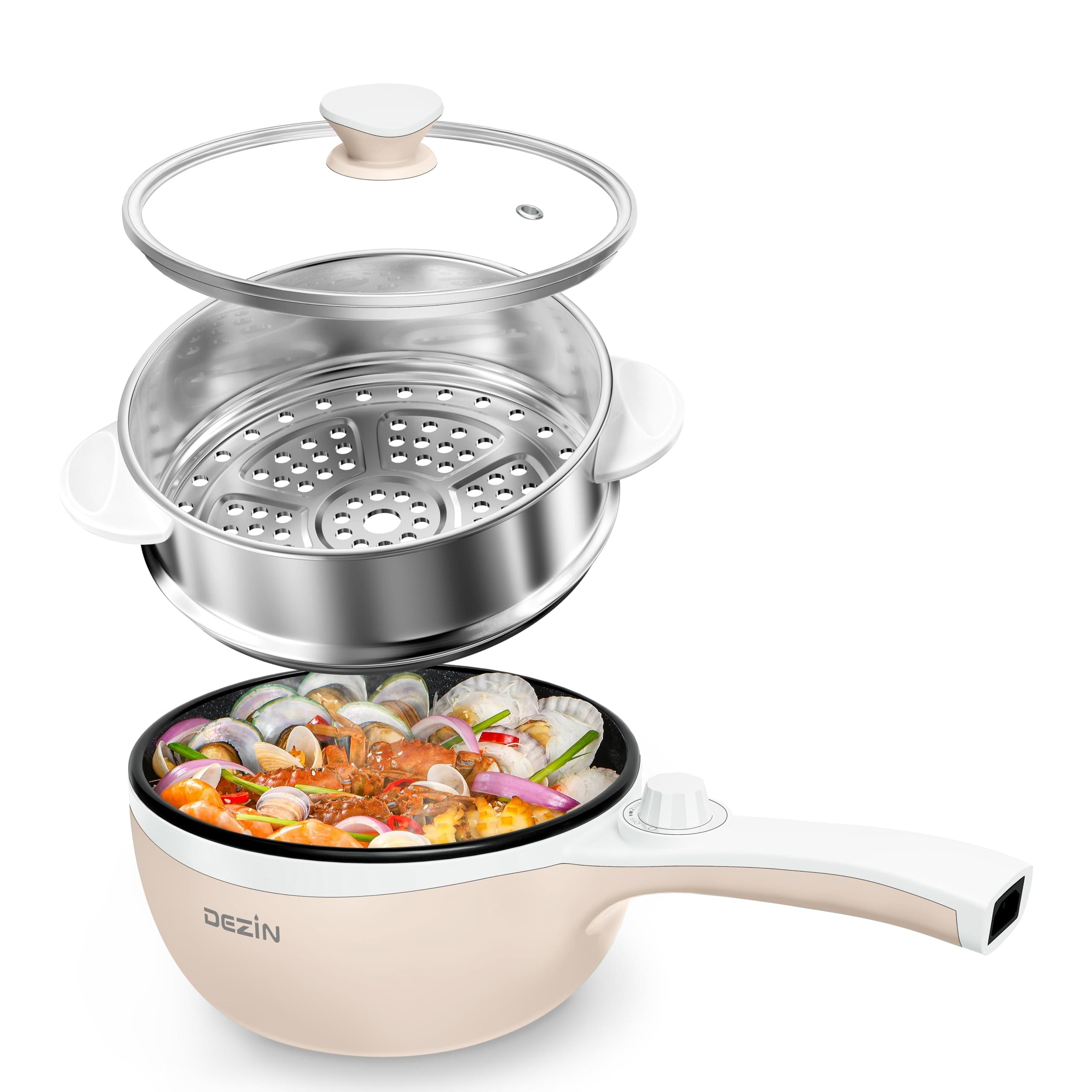 Dezin Hot Pot Electric with Steamer Upgraded, Non-Stick Sauté Pan, Rapid Noodles Electric Pot, 1.5L Mini Pot for Steak, Egg, Fried Rice, Ramen, Oatmeal, Soup with Power Adjustment