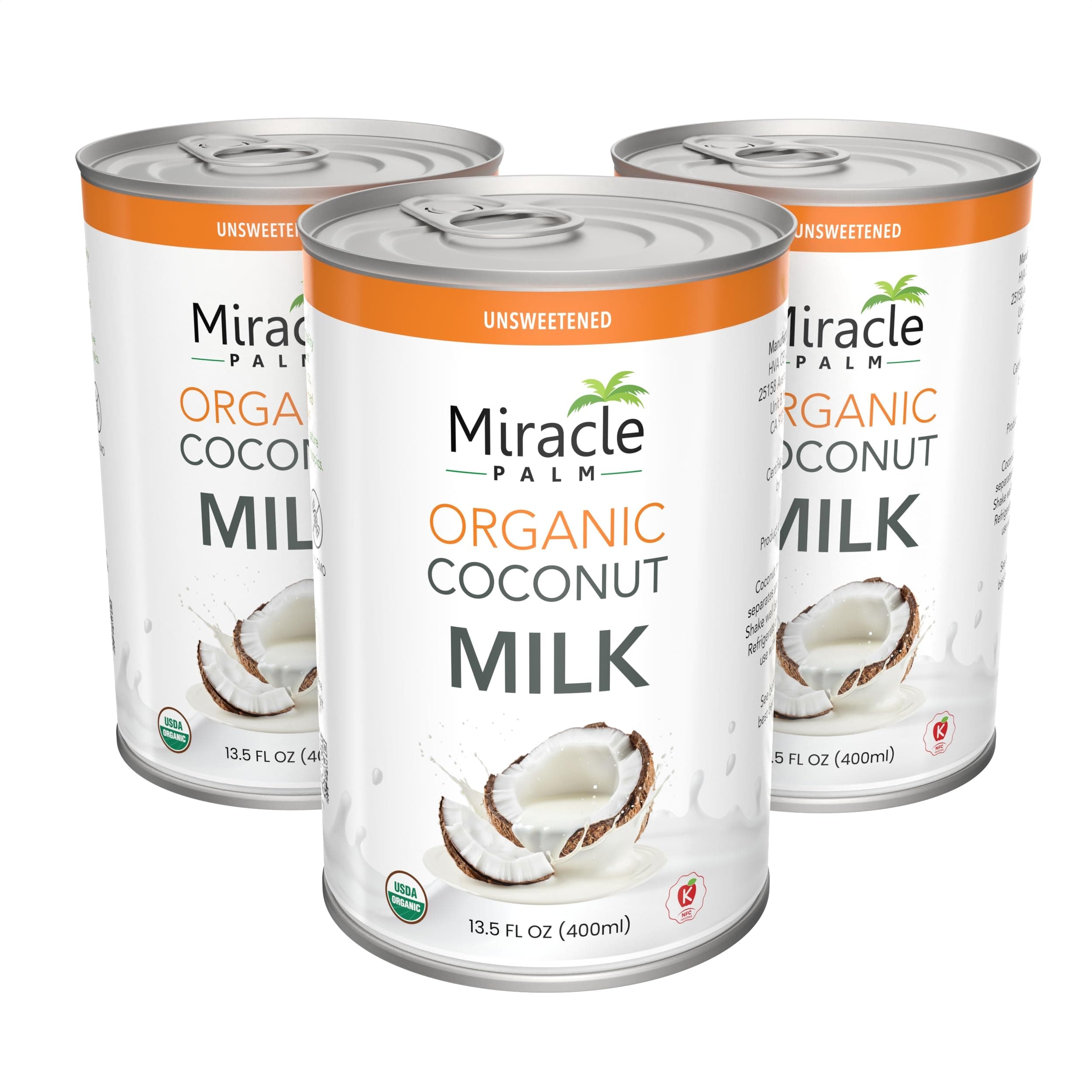 Miracle Palm Coconut Milk Unsweetened - Coconut Milk Canned, Additive Free Organic 13.5 Fl Oz (Pack of 3)