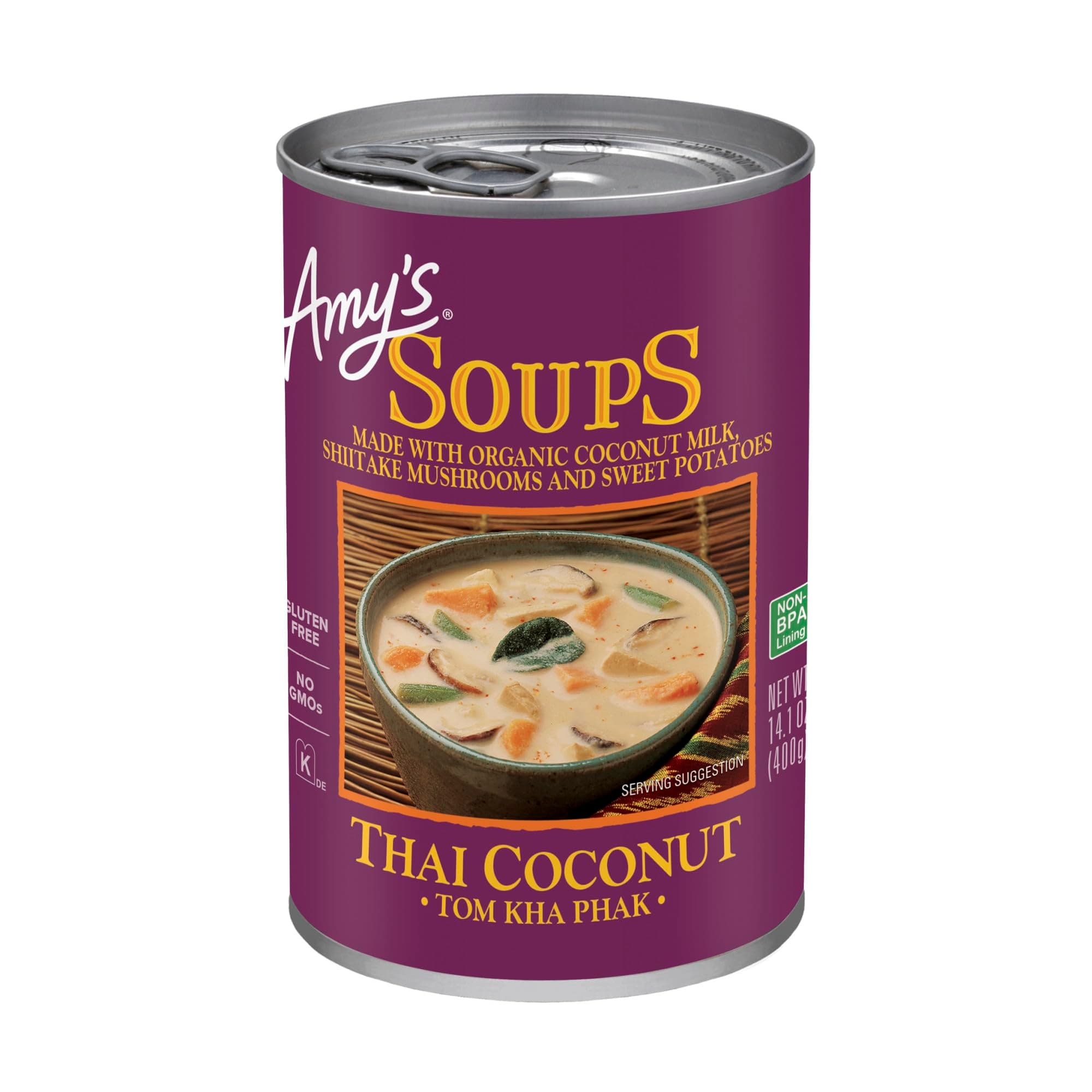 Amy's Soup, Vegan Thai Coconut Soup, Tom Kha Phak Made With Organic Coconut Milk and Sweet Potatoes, Canned Soup, 14.1 Oz