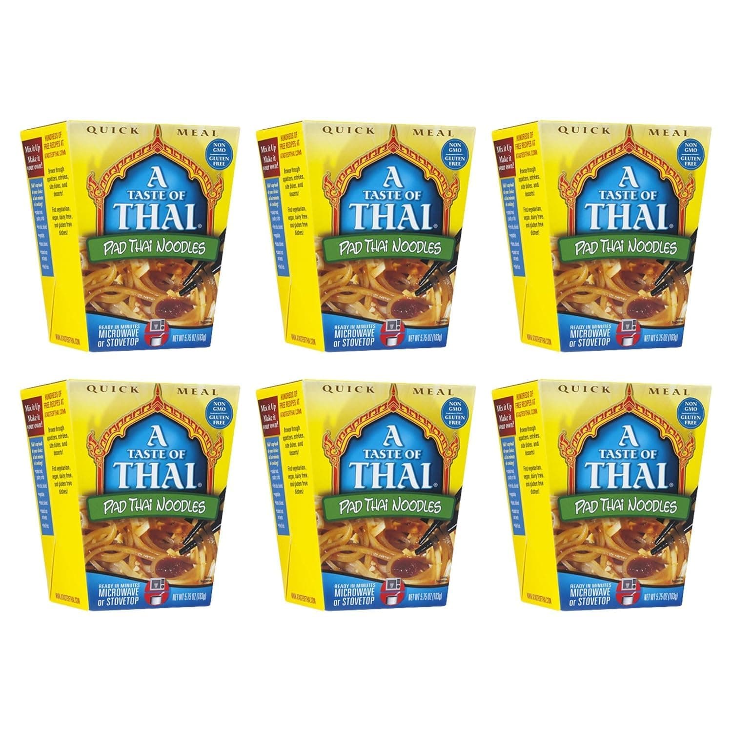 A Taste of Thai Pad Thai Noodles |Heat & Eat Instant Noodle | Flavored with Authentic Thai Sauce - Non-GMO, Gluten Free, Trans Fat Free- Perfect Side for Chicken, Fish & Meat Entrees| 6 Pack (5.75oz)