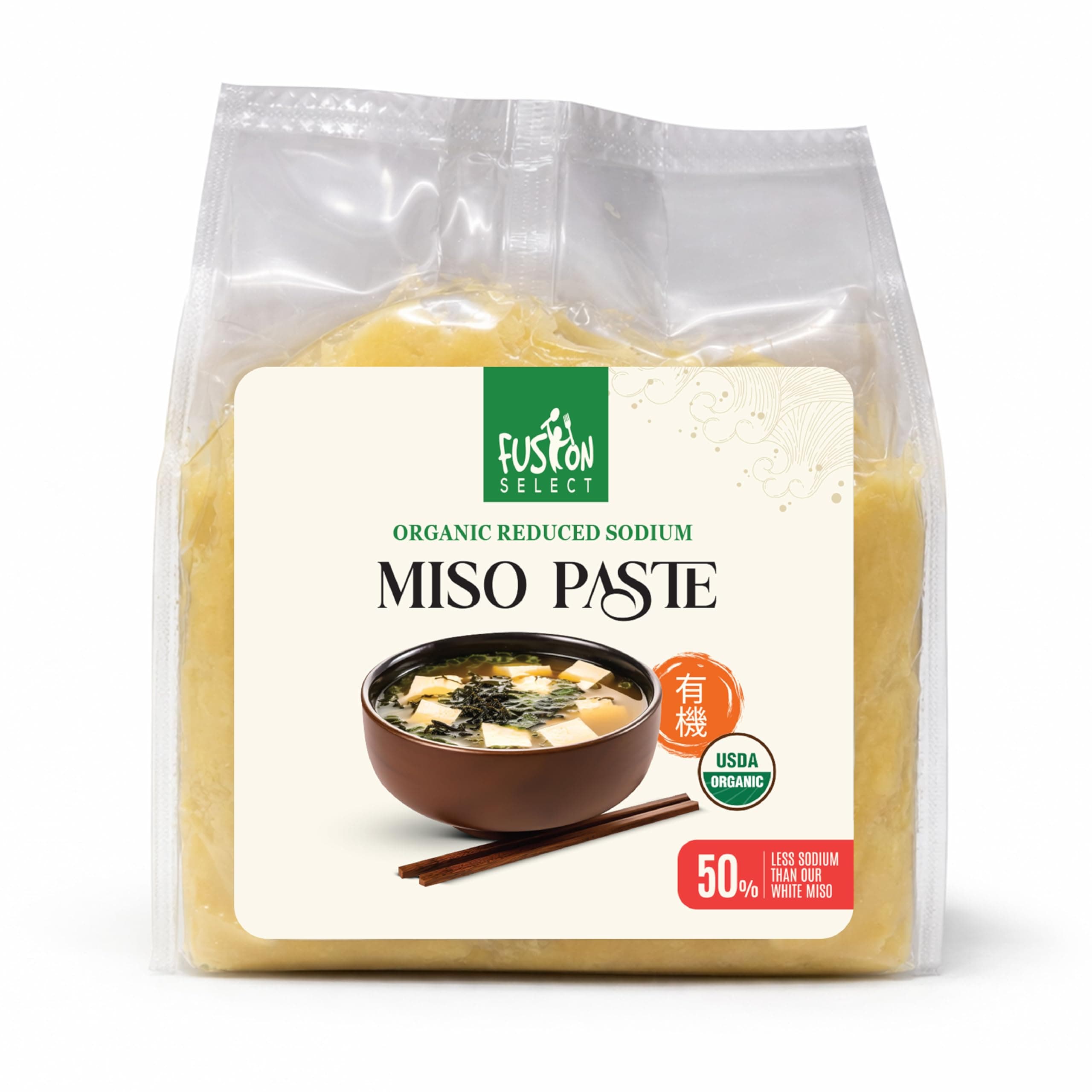 Fusion Select Organic Reduced Sodium Miso Paste - Made of Fermented Soy Bean & Rice - Savory Japanese Seasoning For Cooking Soup Base, Broth, Stew, Salad Dressing, Sauce, Marinade, Ramen - 15 Servings