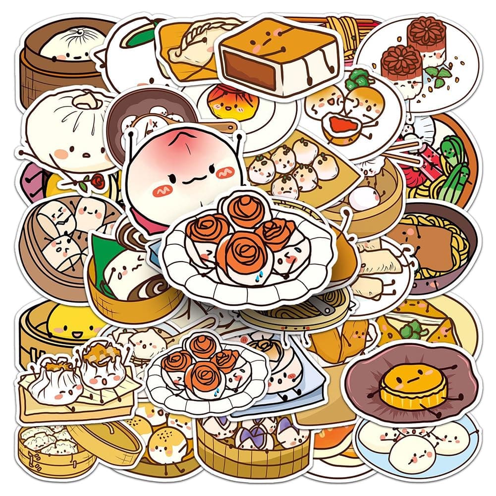 Chinese Food Stickers-50Pcs Chinese Noodles Buns Dumplings Waterproof Vinyl Decals for Adult Teen Kids Cup Water Bottles Laptop Luggage Computer Mobile Phone Guitar Skateboard Decoration