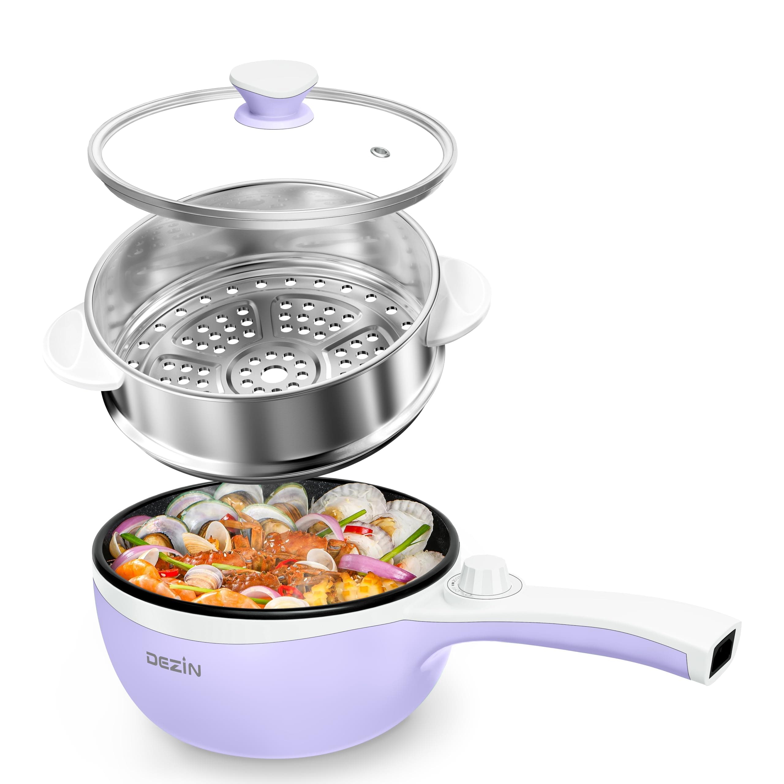 Dezin Hot Pot Electric with Steamer Upgraded, Non-Stick Sauté Pan, Rapid Noodles Electric Pot, 1.5L Mini Pot for Steak, Egg, Fried Rice, Ramen, Oatmeal, Soup with Power Adjustment