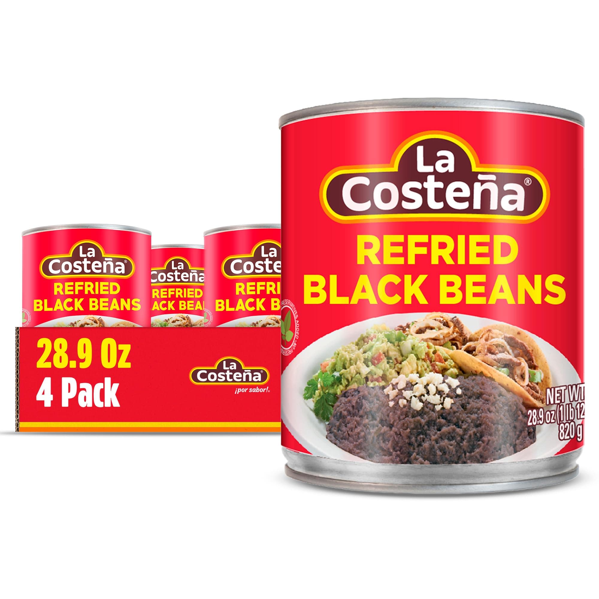 La Costeña Refried Black Beans - Ready-to-Eat Canned Refried Beans for Mexican Food, Mexican Rice, Nacho Bean Dip, Bean Burrito, Burger, Carne Asada, Fajita & Taco Seasoning - 28.9oz, 4 Pack Cans