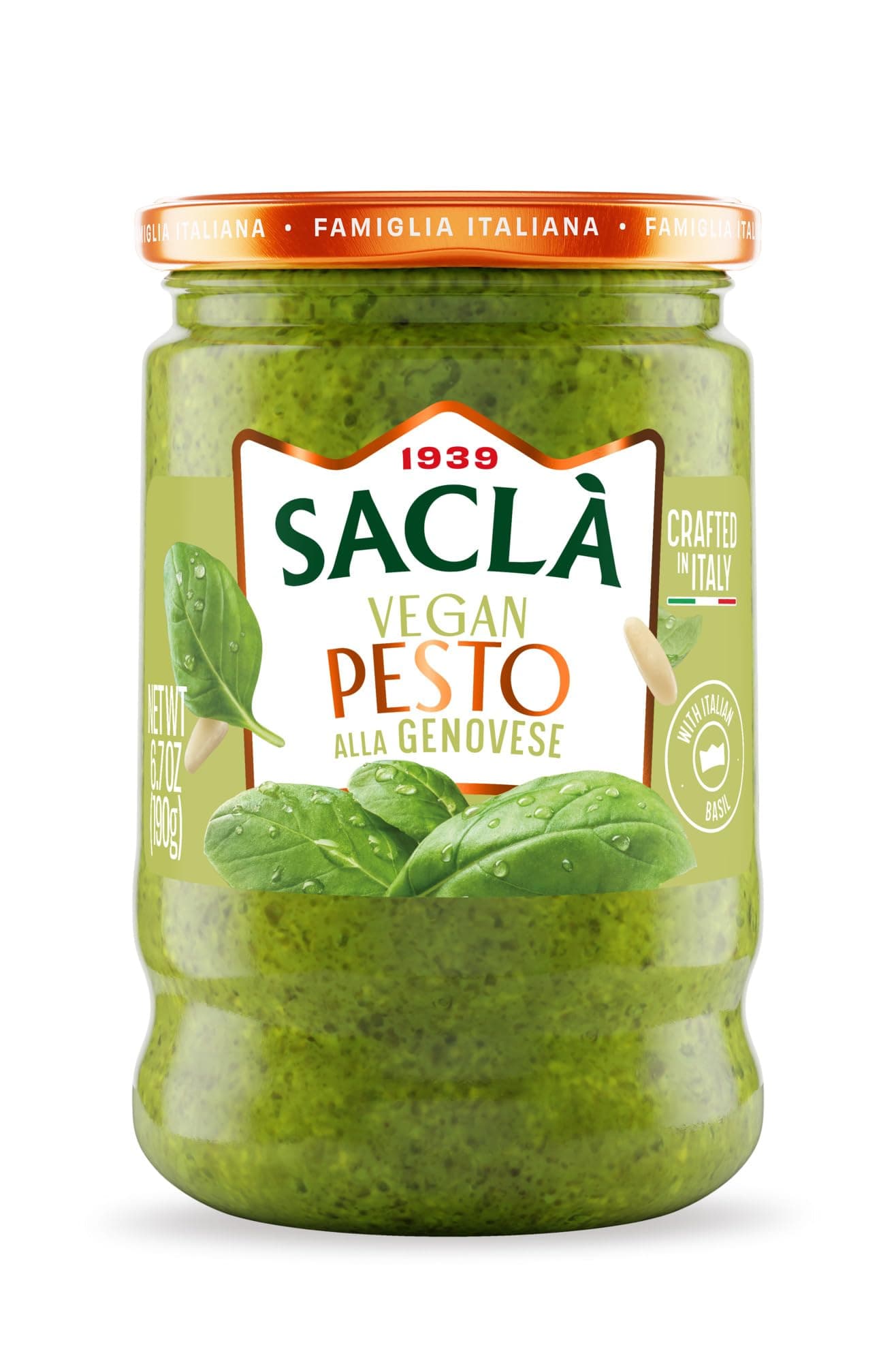 SACLA Vegan Basil Pesto alla Genovese | Dairy-Free Pesto Sauce made from Fresh Italian Basil & Cashews | 6.7 oz Glass Jar | Non-GMO, Plant-Based | Imported from Italy