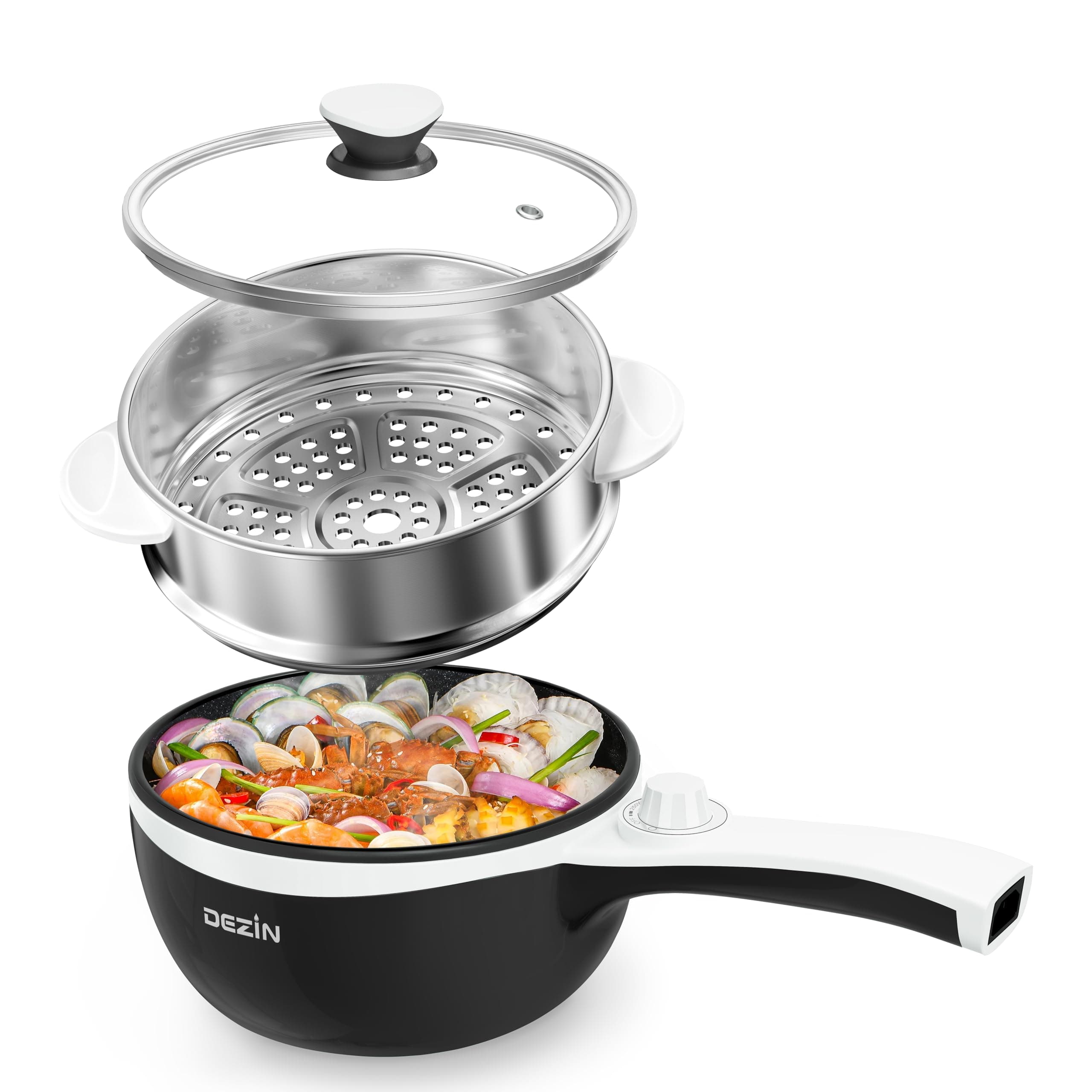 Dezin Hot Pot Electric with Steamer Upgraded, Non-Stick Sauté Pan, Rapid Noodles Electric Pot, 1.5L Mini Pot for Steak, Egg, Fried Rice, Ramen, Oatmeal, Soup with Power Adjustment