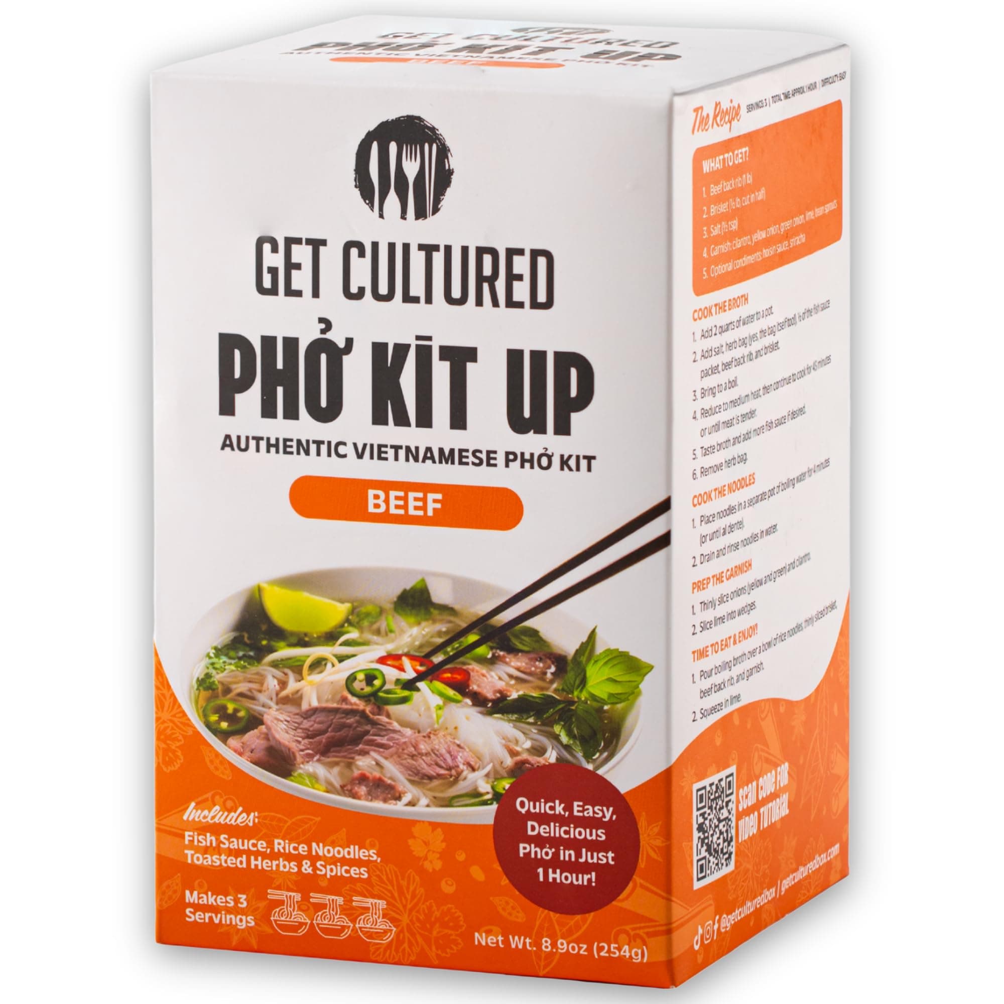 Get Cultured Box Beef Pho Kit – Authentic Vietnamese Pho Broth Base With Spice Bag, Rice Noodles, Fish Sauce Seasoning & Condiments – Flavorful & Authentic Pho at Home, 8.9 oz (3 Servings)