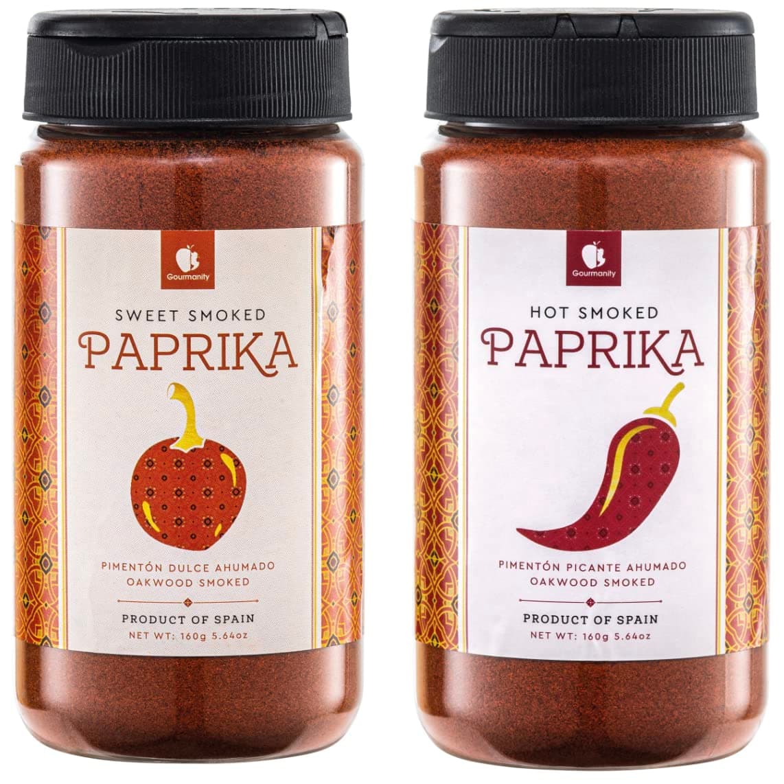 Gourmanity Twin Pack, Sweet and Hot Smoked Paprika Powder, Premium Spanish Paprika Seasoning, Oak Wood Smoked for Adding Depth, Flavor and Color to Your Dishes, Kosher, Gluten Free Pimenton 5.64 oz ea
