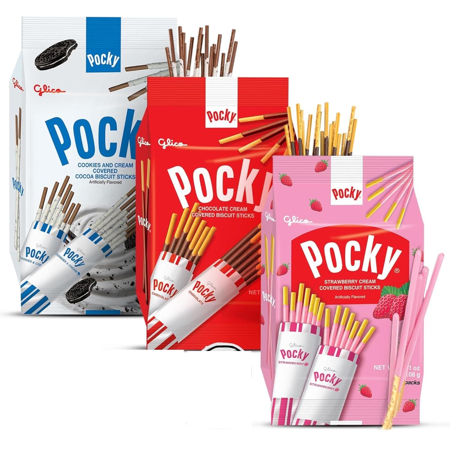 Pocky Sticks Japanese Snacks Pocky Variety Pack of 3 Asian Snacks - Poky Stix Strawberry, Chocolate, Cookies, and Cream Asian Candy by Grateful Grocer, 3 Piece Set, 1.0 Count, 108.0 grams