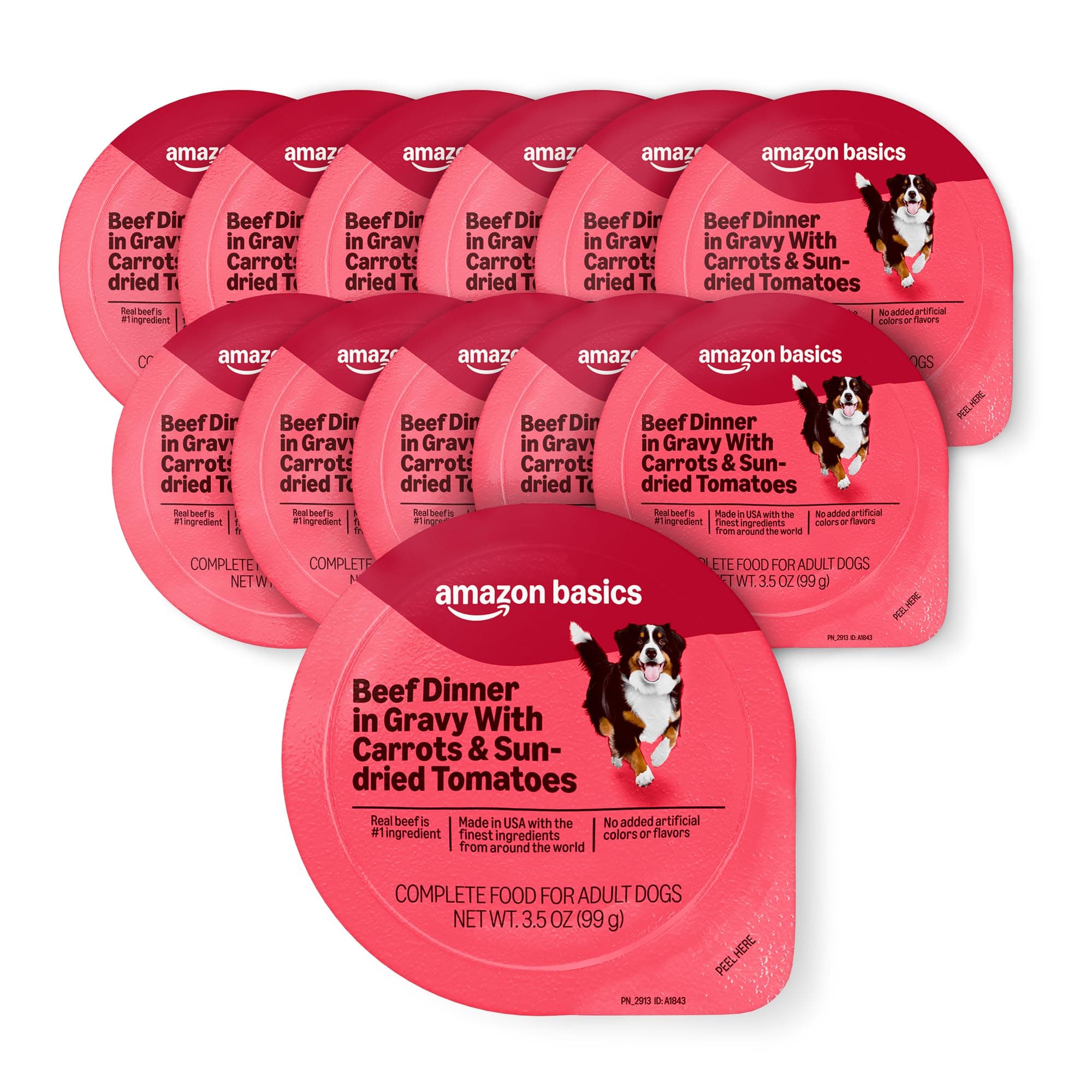 Amazon Basics Wet Dog Food, Beef Dinner in Gravy with Carrots & Sun-Dried Tomatoes, Made with Real Beef, 3.5 oz Cup, (Pack of 12)