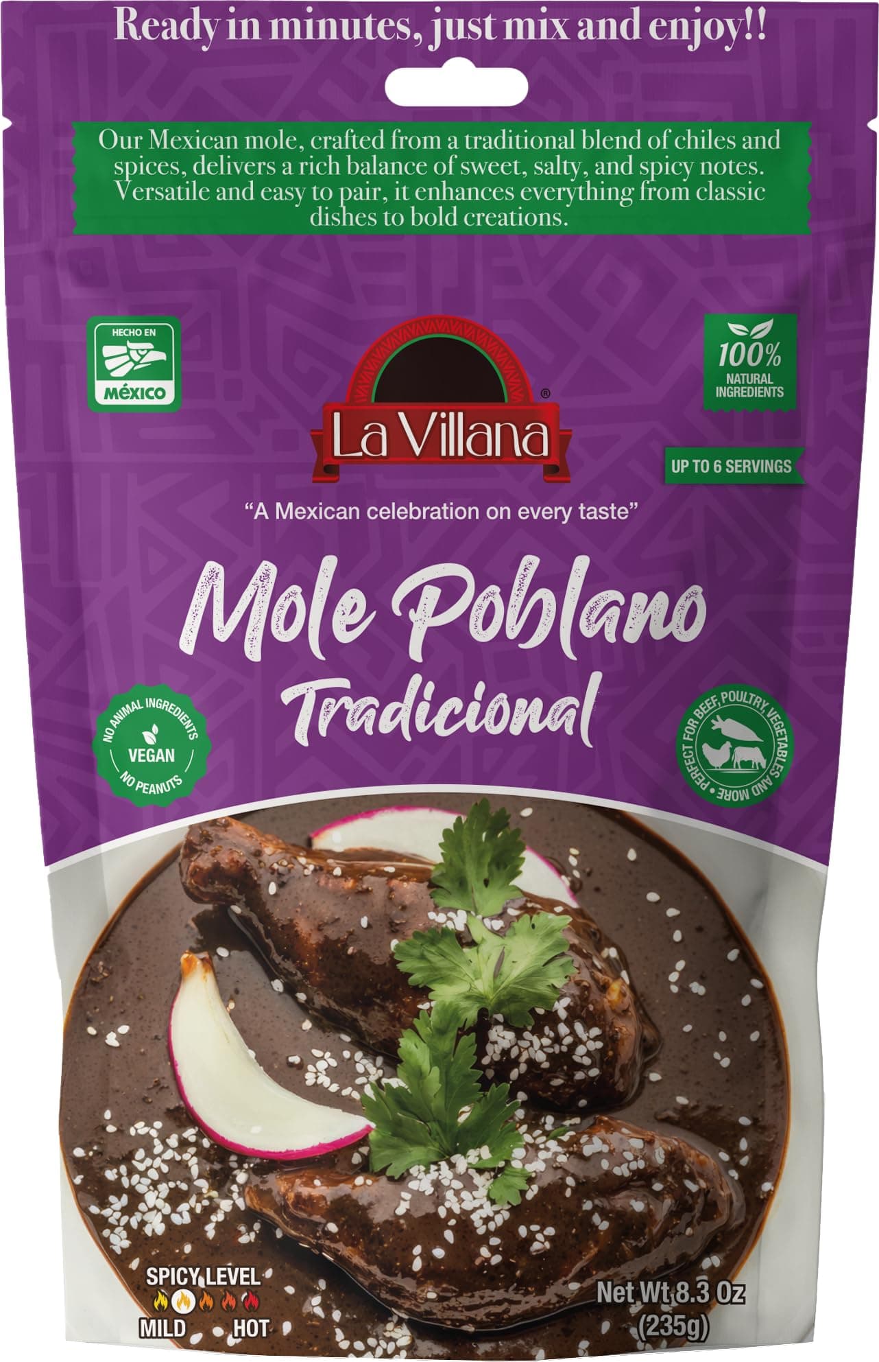 La Villana Mole Poblano Tradicional, Mexican Sauce Mix, 100% Natural Ingredients, Vegan, 8.3 Oz, Ready in Minutes