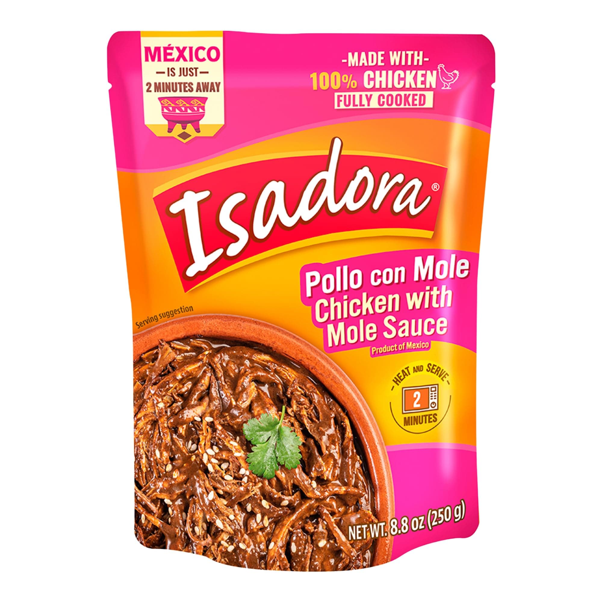 Isadora Fully Cooked Pollo con Mole 8.8 oz (1 Pouch), Ready-to-Eat Microwave Meal, Seasoned Shredded Chicken in Mole Sauce, Gluten Free, Authentic Mexican Ingredients, Shelf Stable Meat
