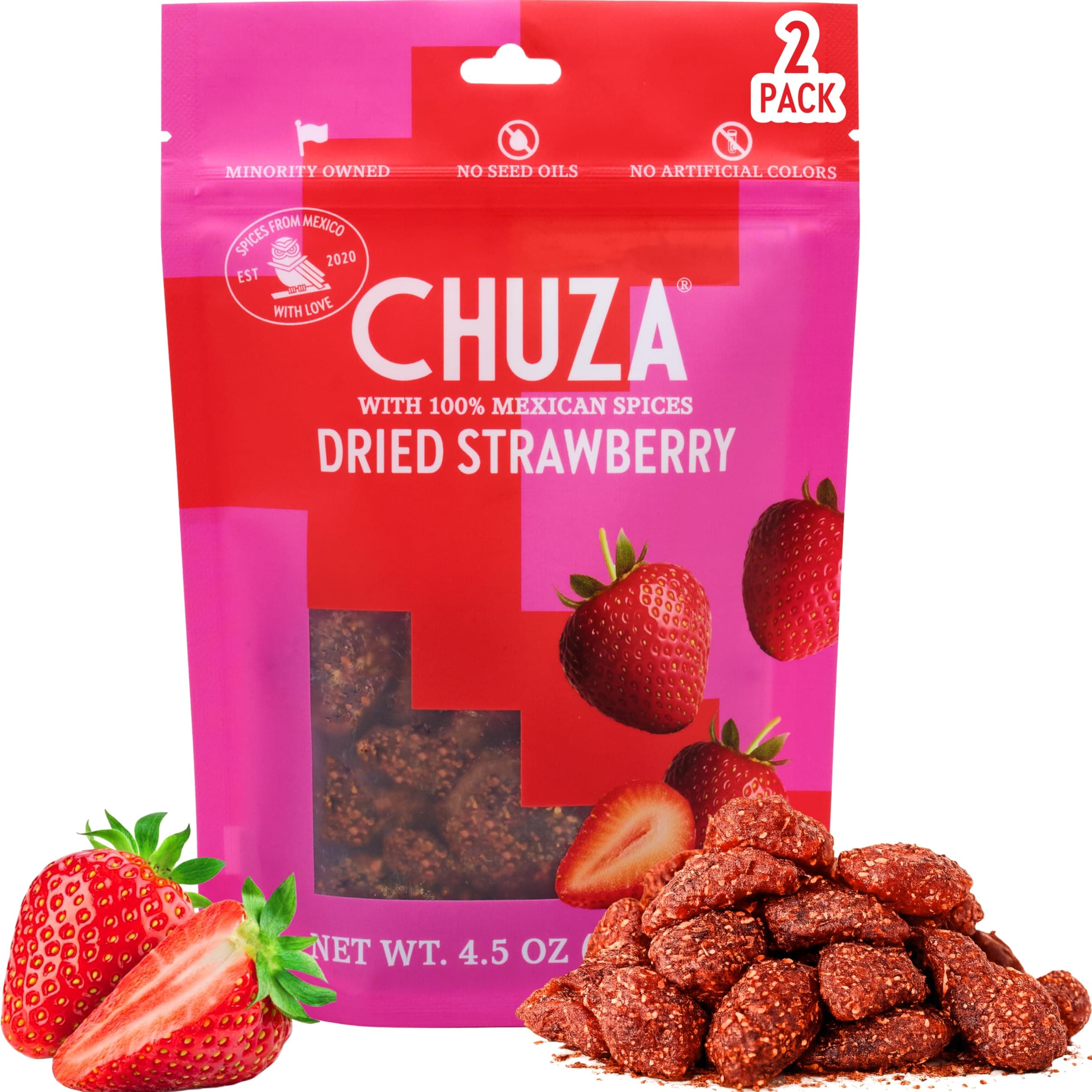CHUZA Spicy Dried Strawberry Snacks Bites (4.5 oz. Pack of 2) – Mexican Candy Style Sweet Chili Dried Strawberries, with Chili Seasoning, Chili Powder, Fruit Snacks, Spicy Snacks