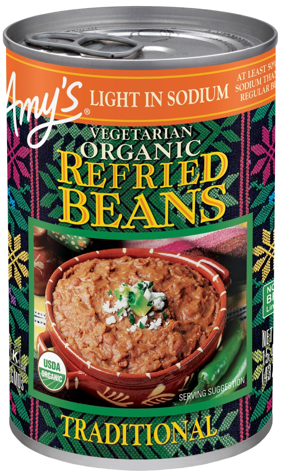 Amy's Organic Refried Beans Canned, Traditional Beans Light in Sodium, Vegan. Gluten Free and Vegetarian, 15.4 Oz