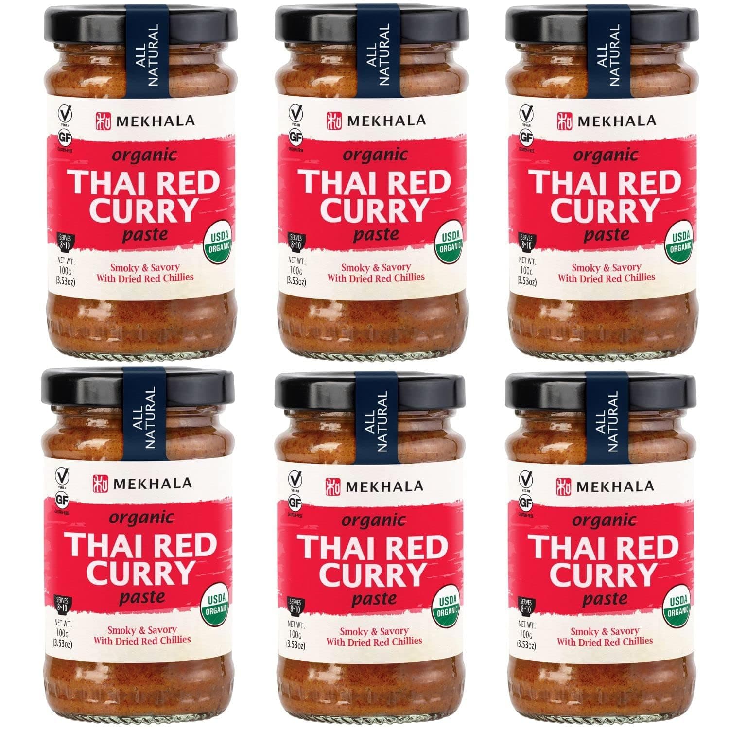 Mekhala Organic Thai Red Curry Paste. VEGAN. GLUTEN-FREE. NO ADDED SUGAR. Versatile. HOT (6x3.53oz)