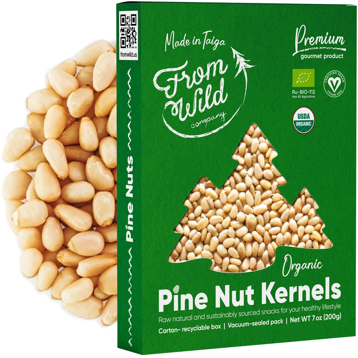 FROM WILD Fresh Organic Pine Nuts 7oz Certified Vegan Unsalted Pignolias - Siberian, for Pesto, Raw nuts, Mediterranean Delight Gluten-Free, Non-GMO European Grown Shelled, Cedar Nuts, Pinion, Piones,