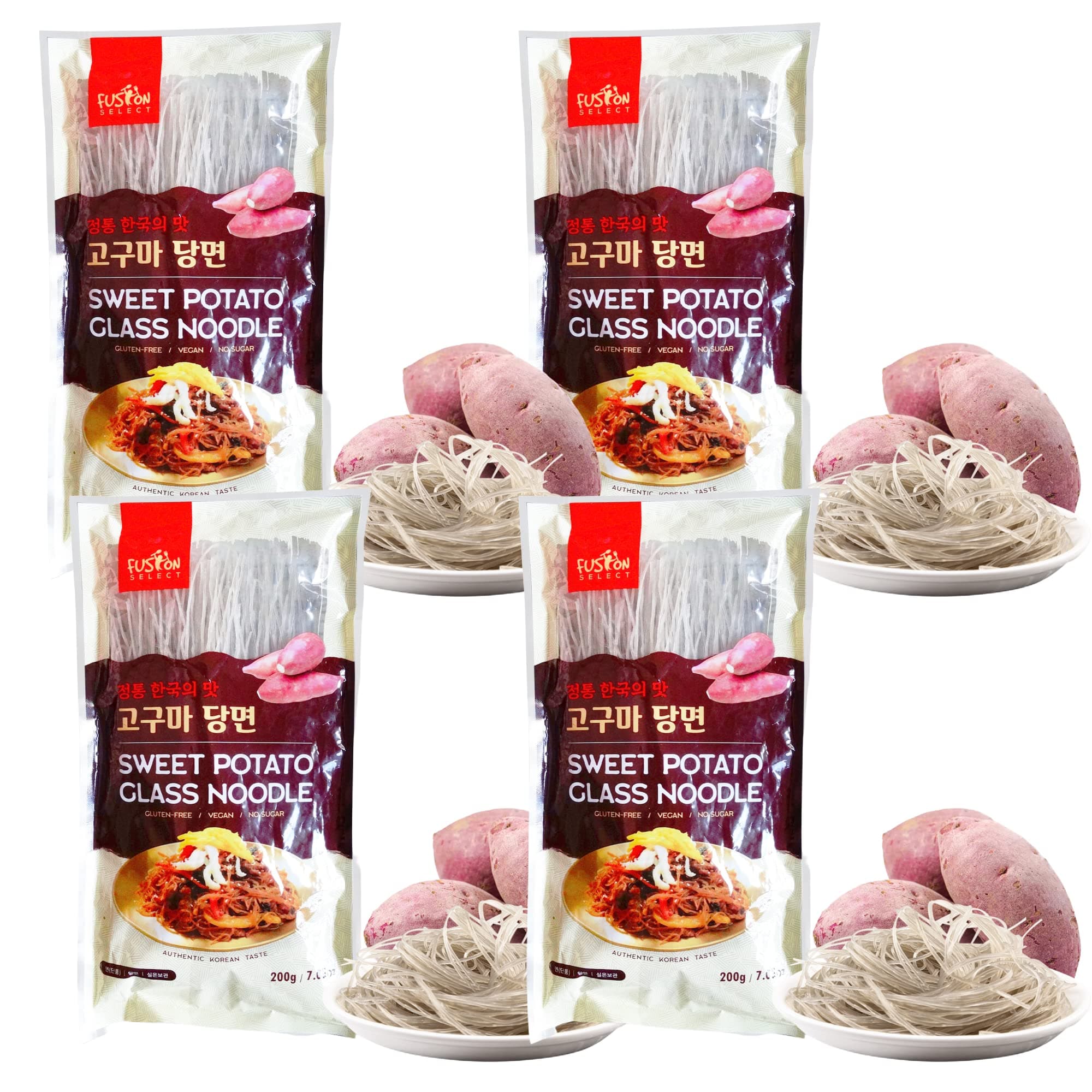 Fusion Select 4 Packs Sweet Potato Glass Noodles - Zero-Fat, Low-Calorie, No-Sodium Diet-Friendly, Gluten-Free, Vegan, Stir-Fry, Dumplings, Hot Pot - For Chinese, Korean Recipes - 7.05oz