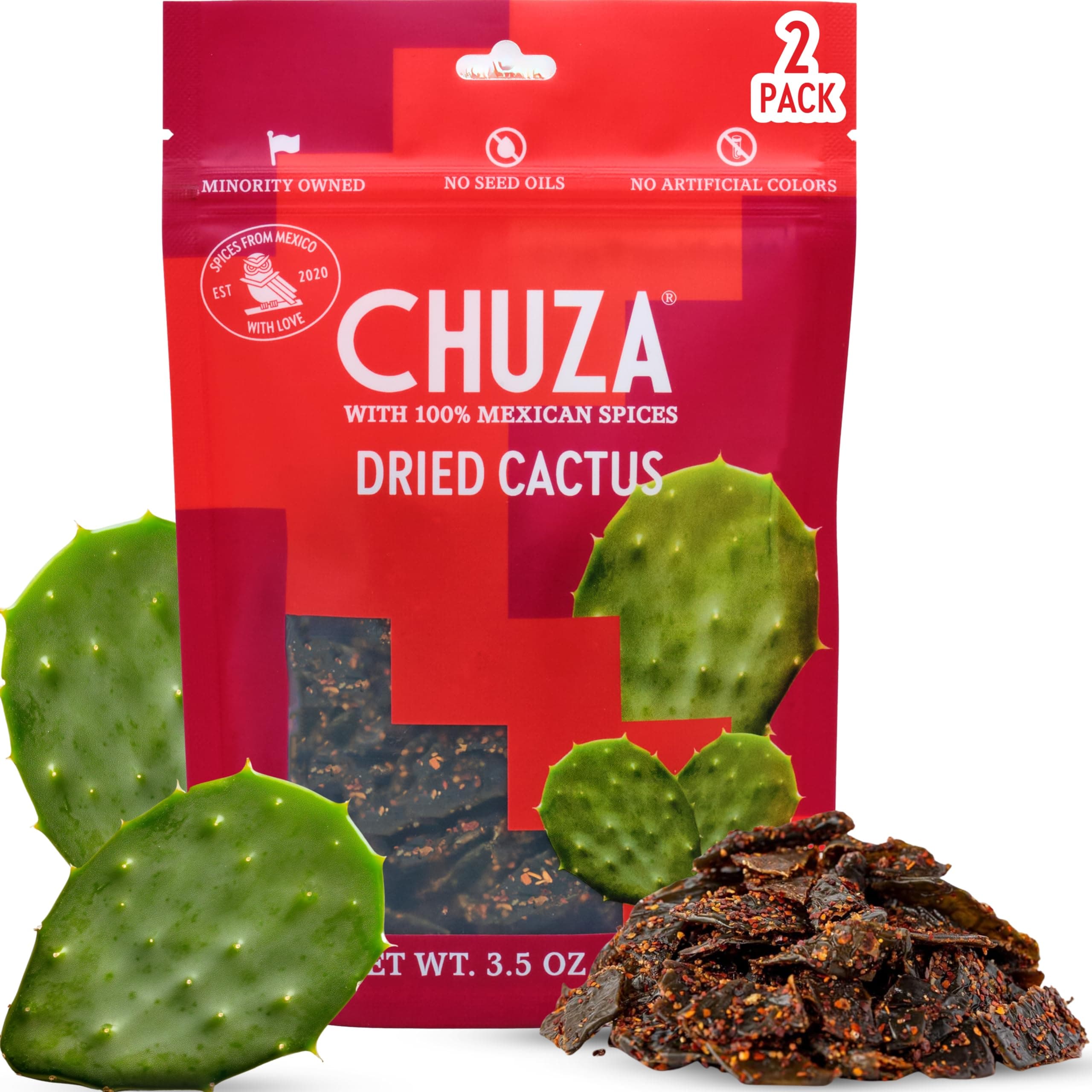 CHUZA Spicy Dried Nopal Snacks Bites (3.5 oz. Pack of 2) – Mexican Candy Style Sweet Chili Dried Cactus, with Seasoning, Chili Powder, Dried Fruit Snacks, Spicy Snacks