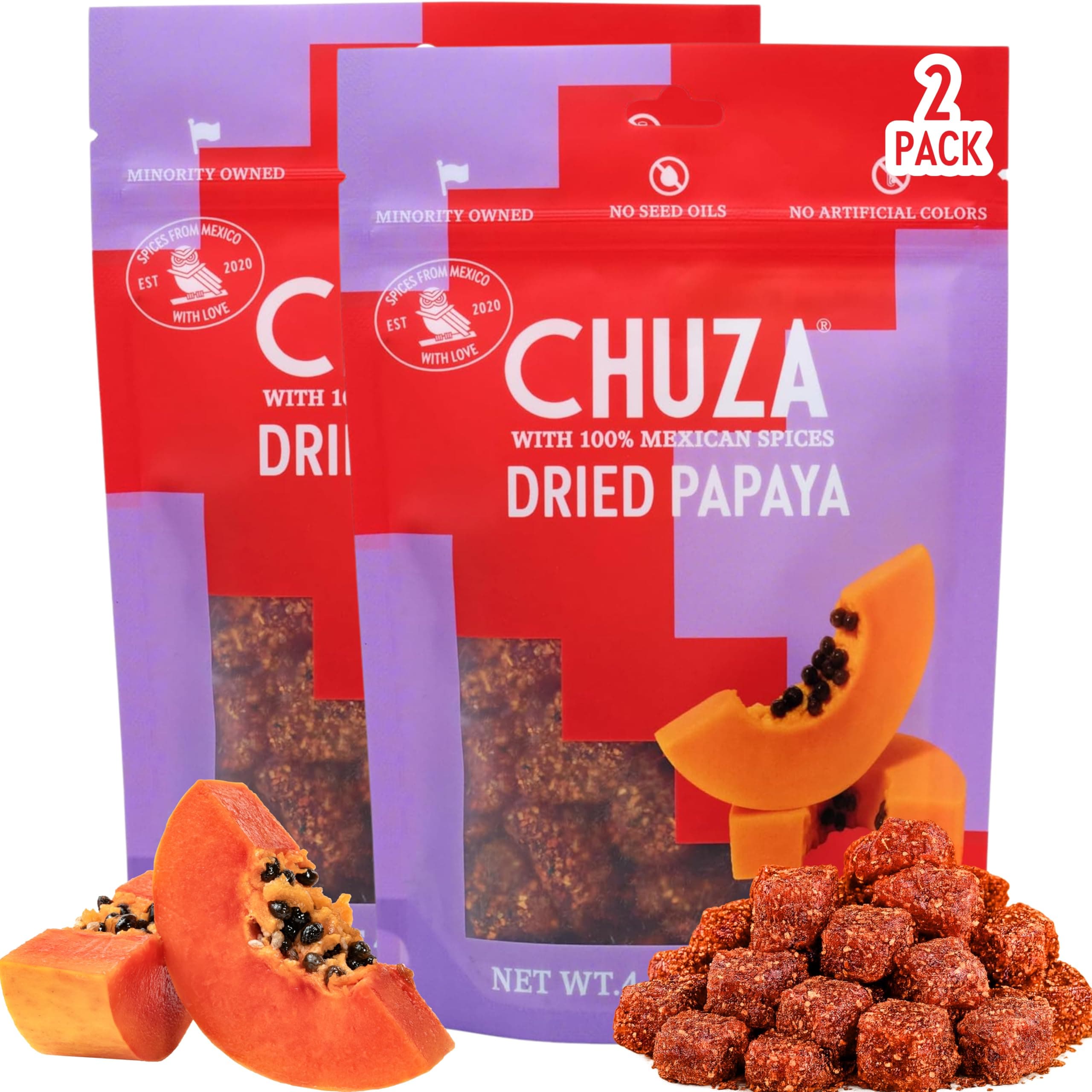 CHUZA Spicy Dried Papaya Snacks Bites (4.5 oz. Pack of 2) – Mexican Candy Style Sweet Chili Dried Papaya, with Chili Seasoning, Chili Powder, Dried Fruit Snacks, Spicy Snacks