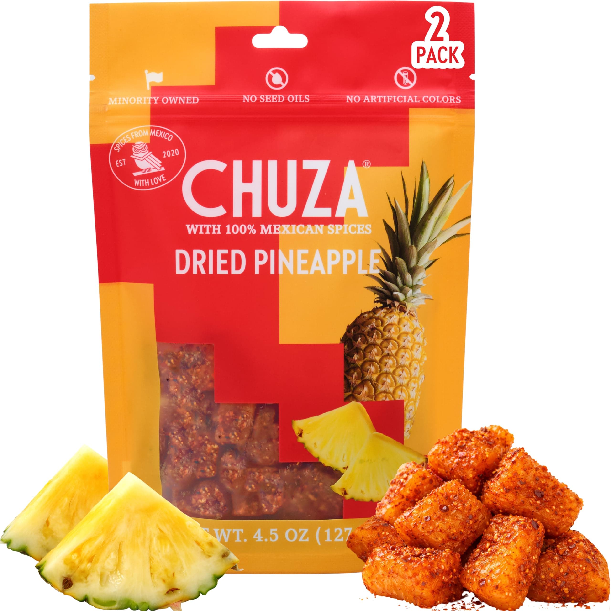 CHUZA Spicy Dried Pineapple Snacks Bites (4.5 oz. Pack of 2) – Mexican Candy Style Sweet Chili Spicy Pineapple Chunks, with Chili Seasoning, Powder, Dried Fruit Snacks, Spicy Snacks