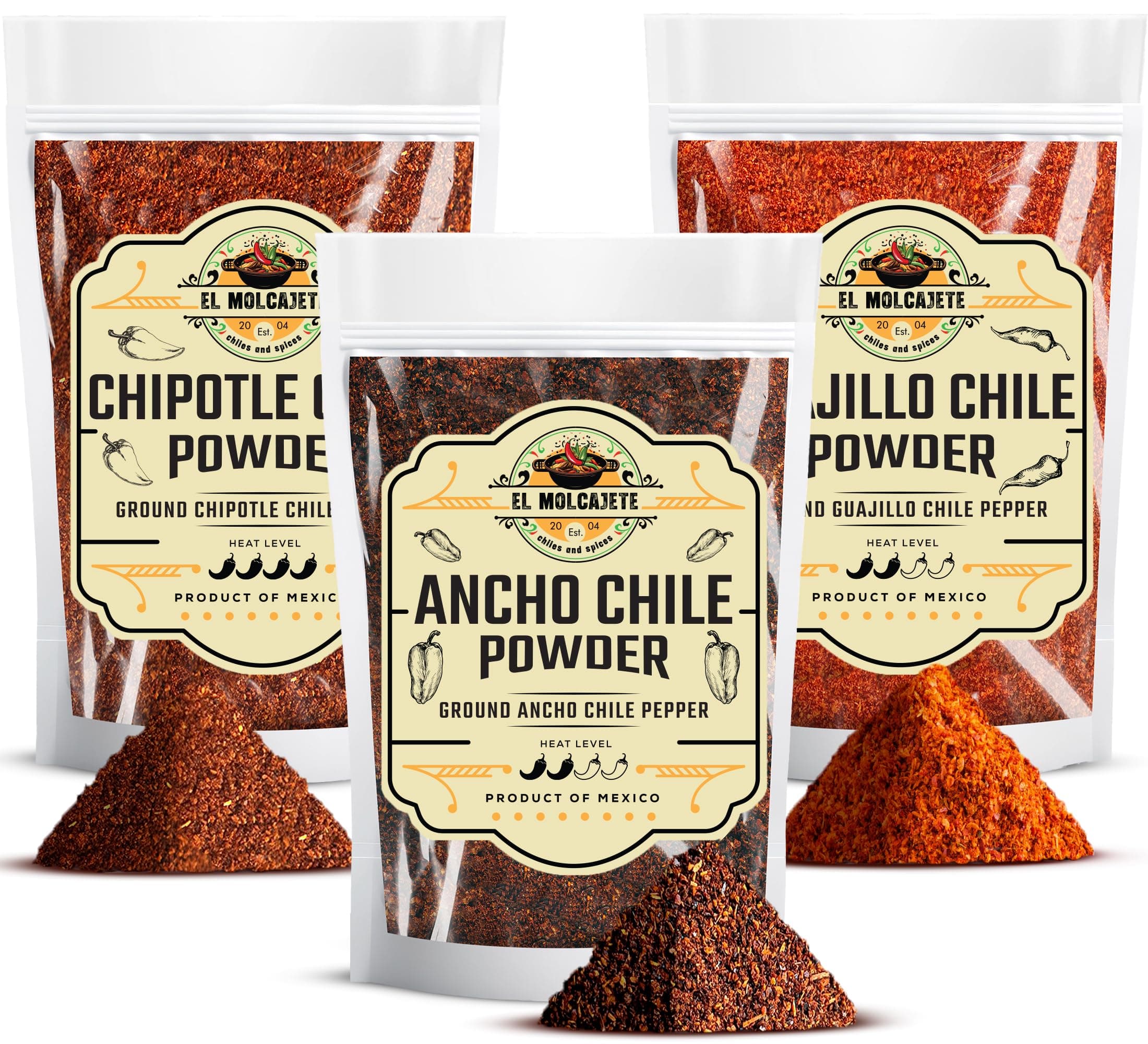 Chile Powder Ancho, Guajillo, Chipotle Variety Pack (4oz Each) – Dry Chili Pepper Powders for Traditional Mexican Cooking, Bold Flavors for Sauces, Marinades and Rubs By El Molcajete